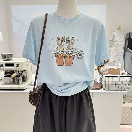 夏季新款韩系百搭卡通兔子印花宽松显瘦短袖凉感雪花棉T恤女上衣商品大图