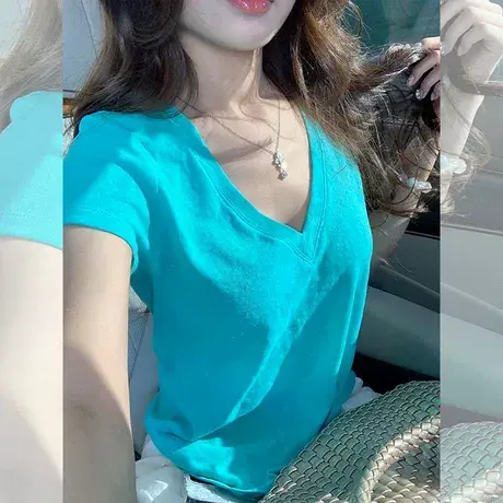 纯欲性感V领正肩短袖T恤女夏季修身韩版气质高级感甜辣妹上衣半袖商品大图