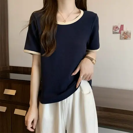 撞色圆领正肩短袖T恤女夏季2025新款韩版打底衫内搭修身半袖上衣商品大图