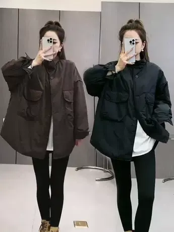 2023秋冬大口袋立领棉服外套女宽松显瘦设计感中长款时尚休闲上衣商品大图
