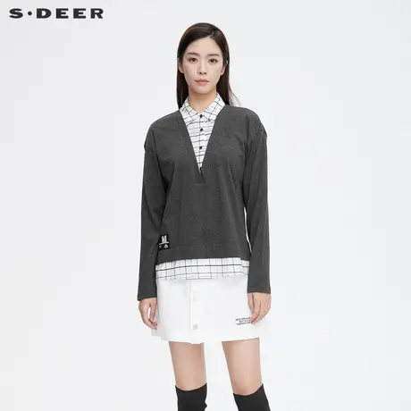 sdeer圣迪奥女装春秋装休闲翻领格纹字母假两件长袖T恤S21380212图片