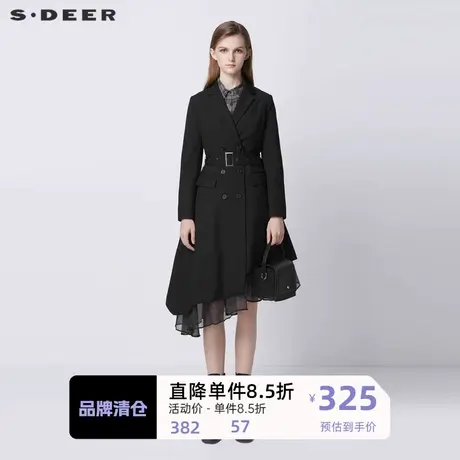sdeer圣迪奥女装休闲西装领网纱不规则长款风衣S21361809图片