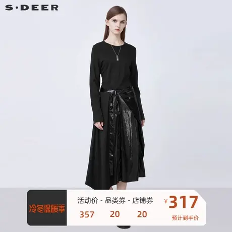 sdeer圣迪奥女装休闲圆领收腰插袋不规则拼接连衣裙S21481211图片
