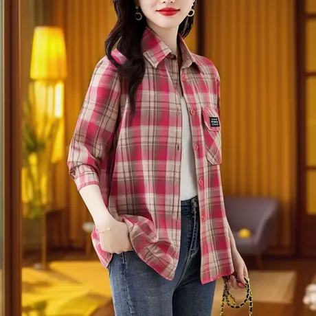 开春衬衫上衣2025春秋季新款外套女宽松长袖妈妈装经典格子衬衣服商品大图