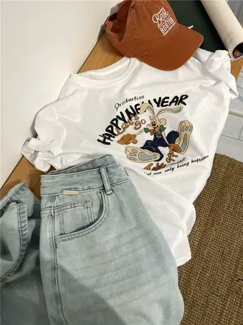 韩系ins超火兔子短袖T恤女2024春夏冰凉爽滑雪花棉卡通减龄上衣商品大图