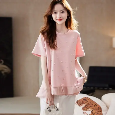 宝诗黎圆领钉珠宽松短袖T恤2025夏季韩系减龄休闲百搭简约上衣女商品大图