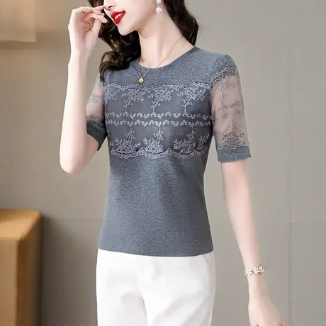 蕾丝接拼短袖t恤女2025新款轻奢高级感圆领修身显瘦独特女上衣图片