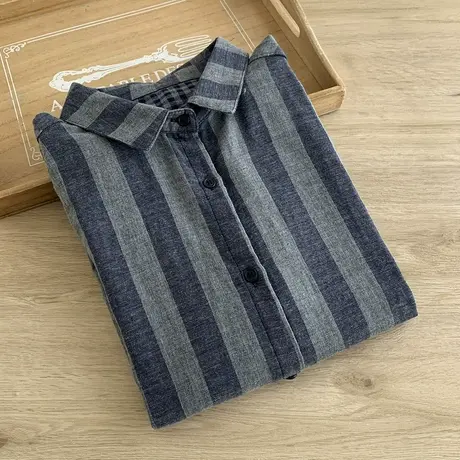 春秋韩版复古藏青粗条纹双层棉纱长袖衬衫女纯棉宽松百搭打底上衣商品大图