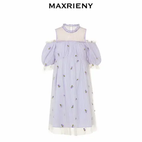 【奥莱】MAXRIENY夏日复古感网纱拼接露肩连衣裙仙美裙子商品大图
