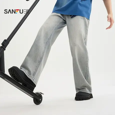 三福2025秋季男士休闲牛仔裤 街头潮流大直筒阔版长裤506189图片