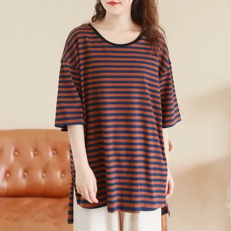 胖妹妹2025夏季新品中长款宽松条纹T恤加大码五分袖圆领T恤上衣图片