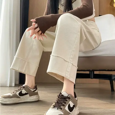 杏色高腰九分牛仔裤女2025秋季新款宽松显瘦小个子窄版直筒阔腿裤图片