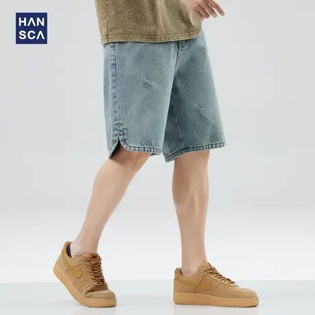hansca浅蓝色牛仔短裤男宽松直筒夏季潮牌复古美式百搭休闲五分裤商品大图