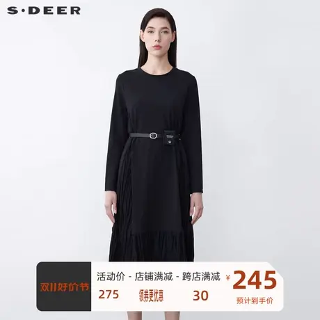 sdeer圣迪奥女装圆领肌理褶皱拼接不规则收腰连衣裙S21461218商品大图