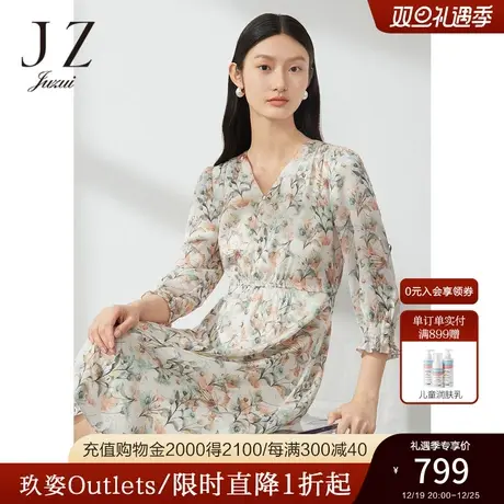 JZ玖姿缎面雪纺连衣裙女装2023春季新款花卉印花设计感茶歇裙商品大图