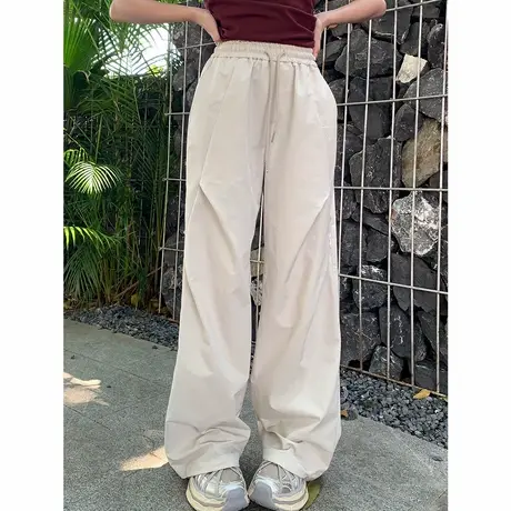 尔给宽松高腰休闲女直筒设计感褶皱纯色长裤子图片