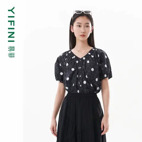 [专柜同款]Yifini/易菲丈根V领设计感套头小衫女宽松短款波点上衣商品大图