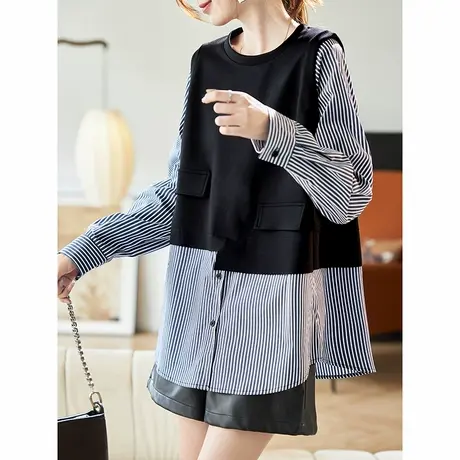 宝诗黎假两件条纹拼接长袖卫衣2025春季韩系减龄休闲百搭短上衣女商品大图