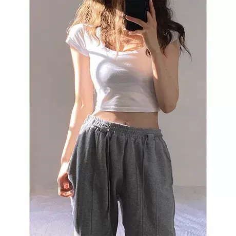 韩系甜辣妹U领正肩短袖T恤女初夏修身韩版内搭短款打底小衫上衣潮商品大图