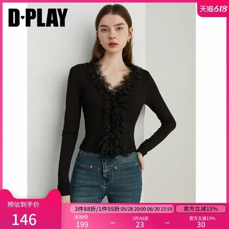 DPLAY2025春季新款黑色T恤女流行洋气内搭打底衫长袖时尚修身小衫图片