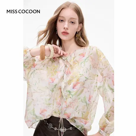 MISSCOCOON可可尼V领雪纺衫女2025秋季新款法式薄款印花人丝上衣商品大图