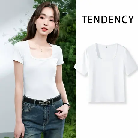 KMV真维斯正肩方领短袖t恤女夏季新款修身大码短款辣妹打底衫上衣图片