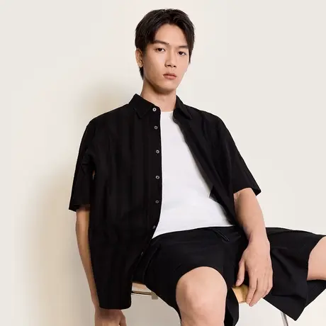 TRENDIANO 纯棉立体提花纱罗竖条流苏短袖衬衫 1ST2010550商品大图