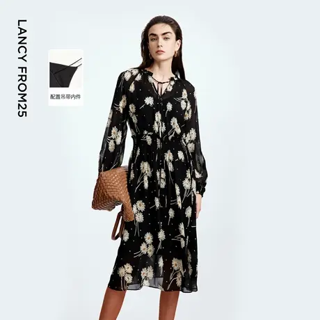 朗姿碎花a字收腰连衣裙复古风高级感气质印花长裙2025年秋季新款图片