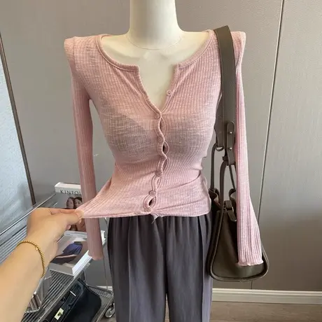 纯欲温柔~韩版微透薄款开衫紧身长袖T恤弹力纯色上衣外搭春秋新款图片