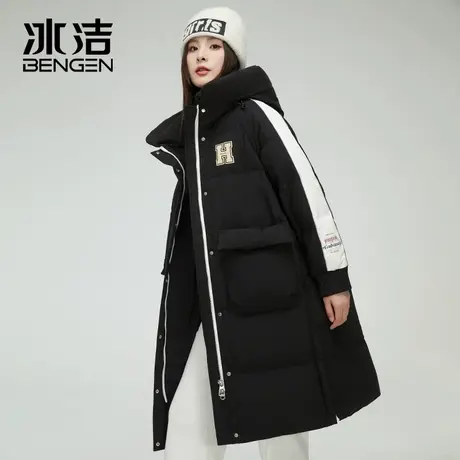 冰洁羽绒服女中长款2023新款冬季时尚撞色休闲保暖连帽外套DLY图片