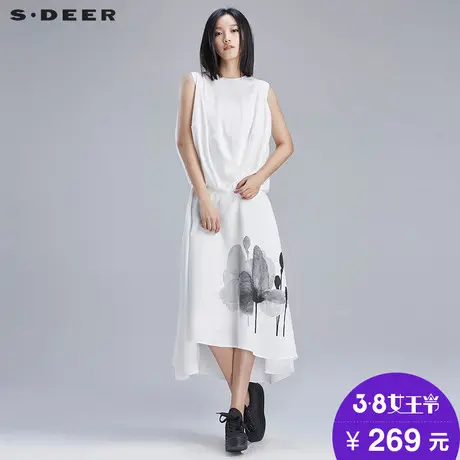 sdeer圣迪奥女装夏装设计趣味线条廓形茧型毛边白色T恤S16280385📲商品大图