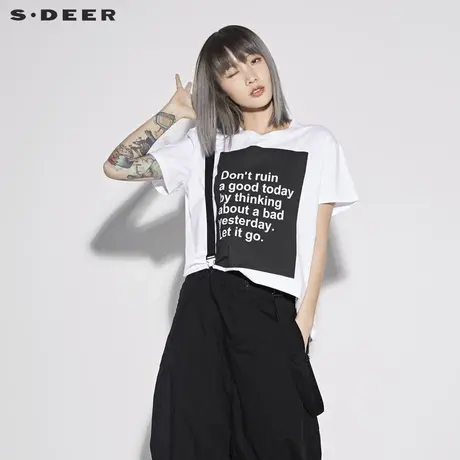 sdeer圣迪奥女装个性休闲圆领字母印花前短后摆长款T恤S18280143图片