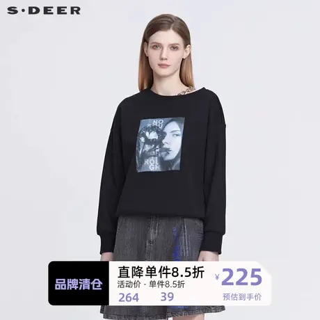 S·DEER圣迪奥女装罗纹圆领链条撞色人像黑色卫衣S22182211图片