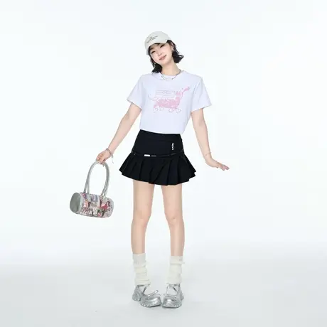 2025夏季正肩短款修身卡通狗狗印花短袖T恤女美式辣妹风显瘦上衣图片