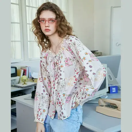 a02法式甜美优雅气质褶皱上衣2025春季宽松休闲女式衬衫商品大图