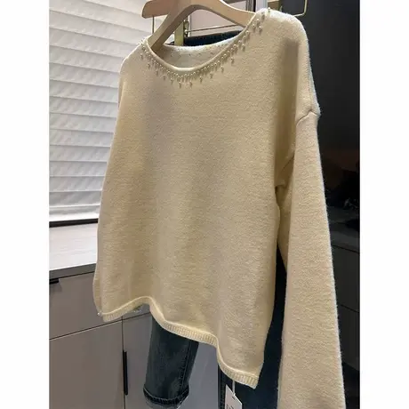 钉珠圆领套头针织衫女洋气纯色长袖针织上衣女装潮商品大图