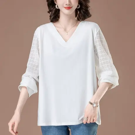 V领长袖T恤女春秋季宽松加肥大码女装中年妈妈减龄休闲纯棉打底衫图片