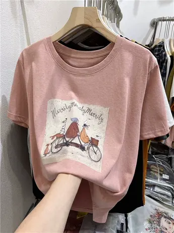 2024夏装新款韩版百搭t恤宽松显瘦骑车小人雪花棉圆领短袖上衣女商品大图