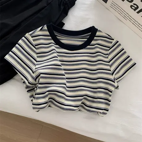 美式港风圆领短袖T恤女夏季2025新款修身韩版短款撞色条纹上衣潮商品大图