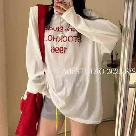 韩国东大门夏季新款宽松休闲慵懒风字母印花防晒罩衫长袖T恤上衣图片