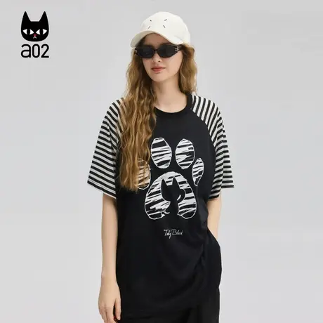 a02插肩袖猫猫短袖女T恤2025新款夏季宽松圆领半袖通勤穿搭上衣图片