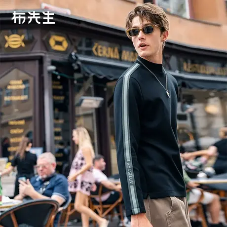 MrBu布先生撞色织带加厚长袖2025早春小高领时尚t恤男KT15768图片