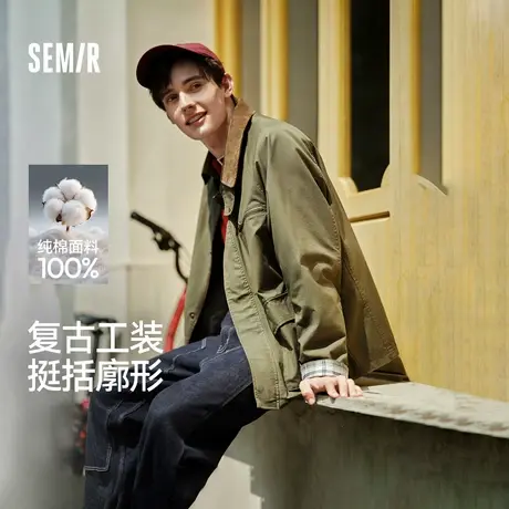 森马工装外套男复古拼接灯芯绒翻领夹克秋季情侣装宽松多口袋上衣图片