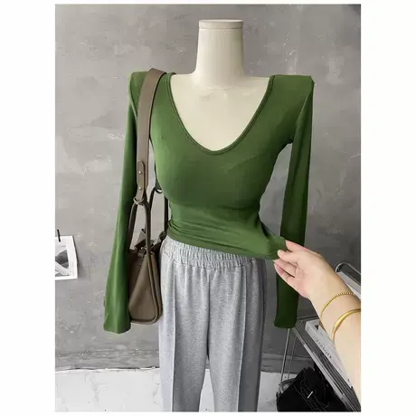 秋Se系～常规短款！简约深V领垫肩上衣女纯色紧身打底衫长袖T恤内商品大图