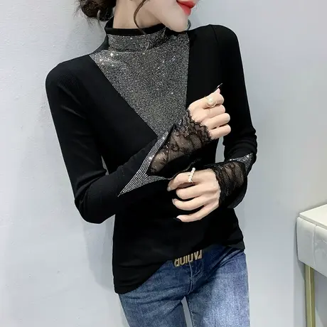 半高领打底衫女秋冬内搭气质蕾丝拼接长袖T恤重工烫钻洋气上衣图片