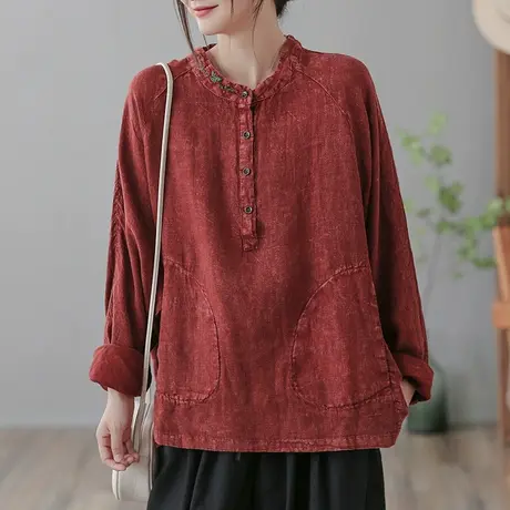 dza复古宽松亚麻T恤女士春秋外搭棉麻上衣休闲显瘦长袖打底衫体恤图片