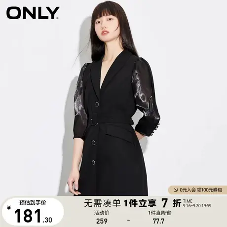 ONLY奥莱夏季通勤OL风透视袖腰带系扣西服连衣裙女图片