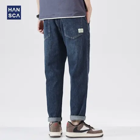 汉斯卡蓝色高端牛仔裤男士夏季薄款潮流宽松直筒弹力水洗复古长裤商品大图