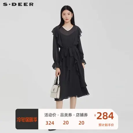 sdeer圣迪奥女装V领收腰雪纺吊带两件套连衣裙S223Z127F🤣商品大图