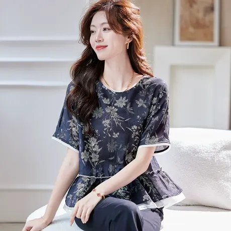 宝诗黎圆领印花拼接短袖衬衫2025夏季时尚百搭洋气减龄气质衬衣女商品大图